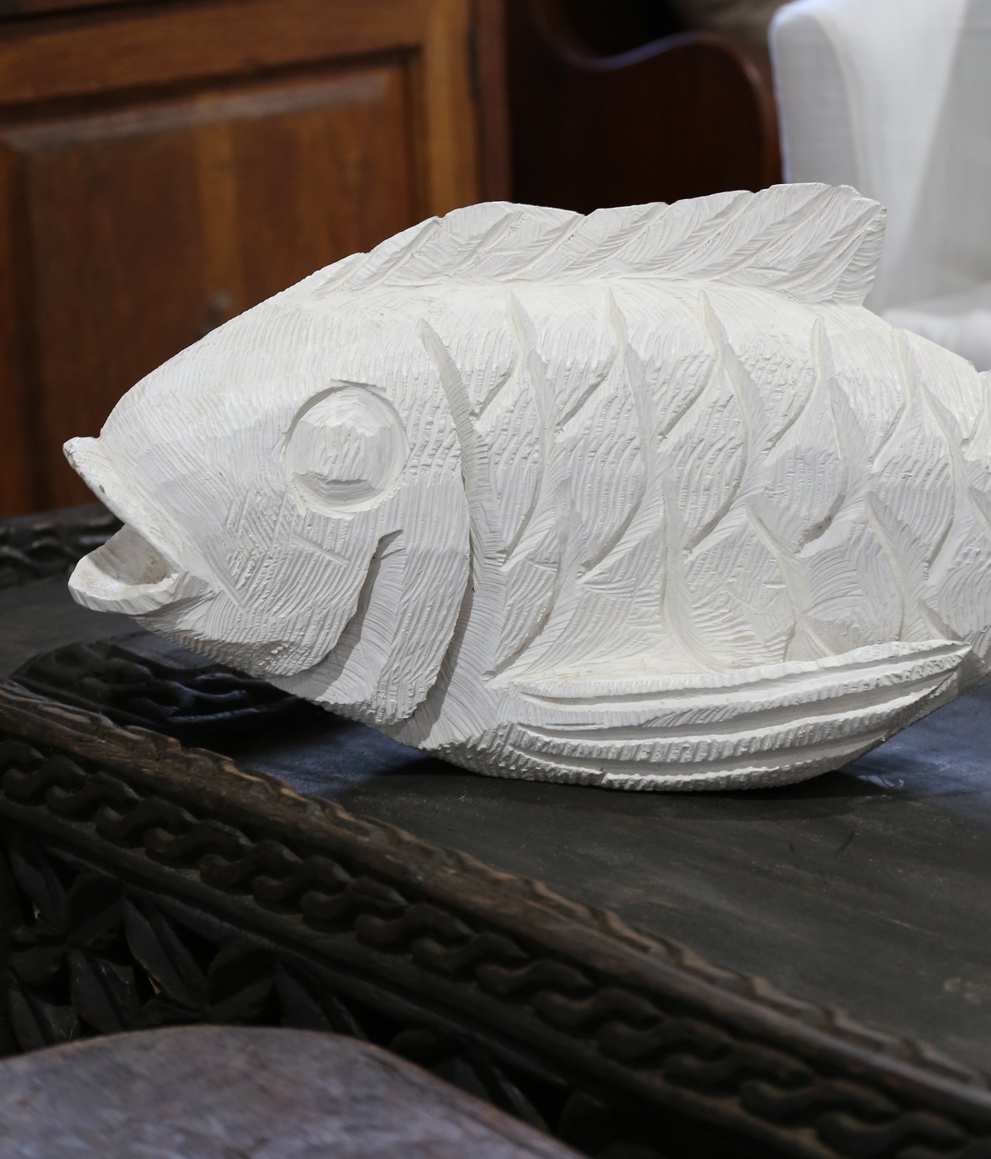 Wood Carved Fish in White